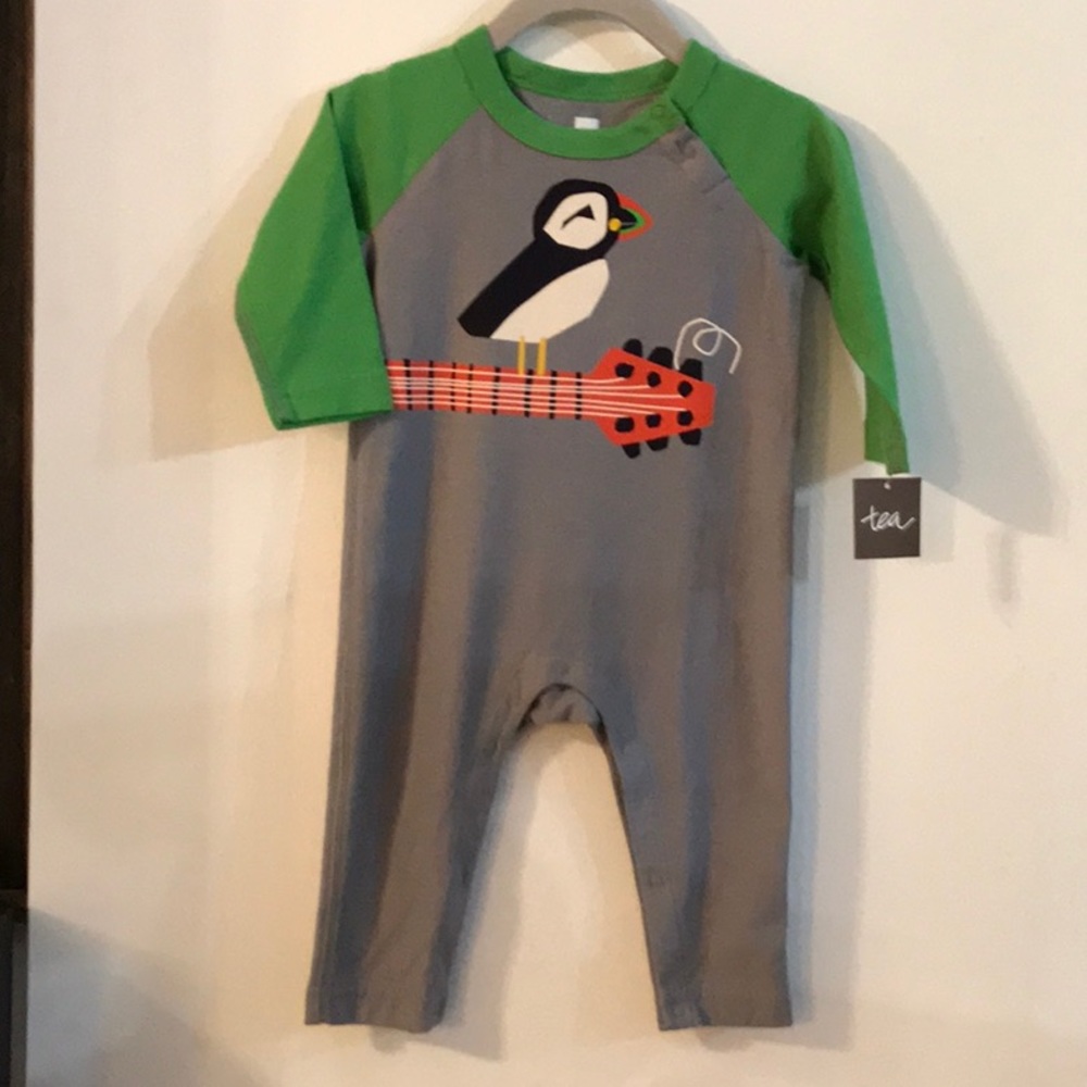 Unisex Puffin graphic romper by Tea 100% cotton